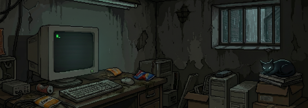 Ghost Terminal room artwork showing an old CRT computer, worn walls, loose cables, and a cat beside a window