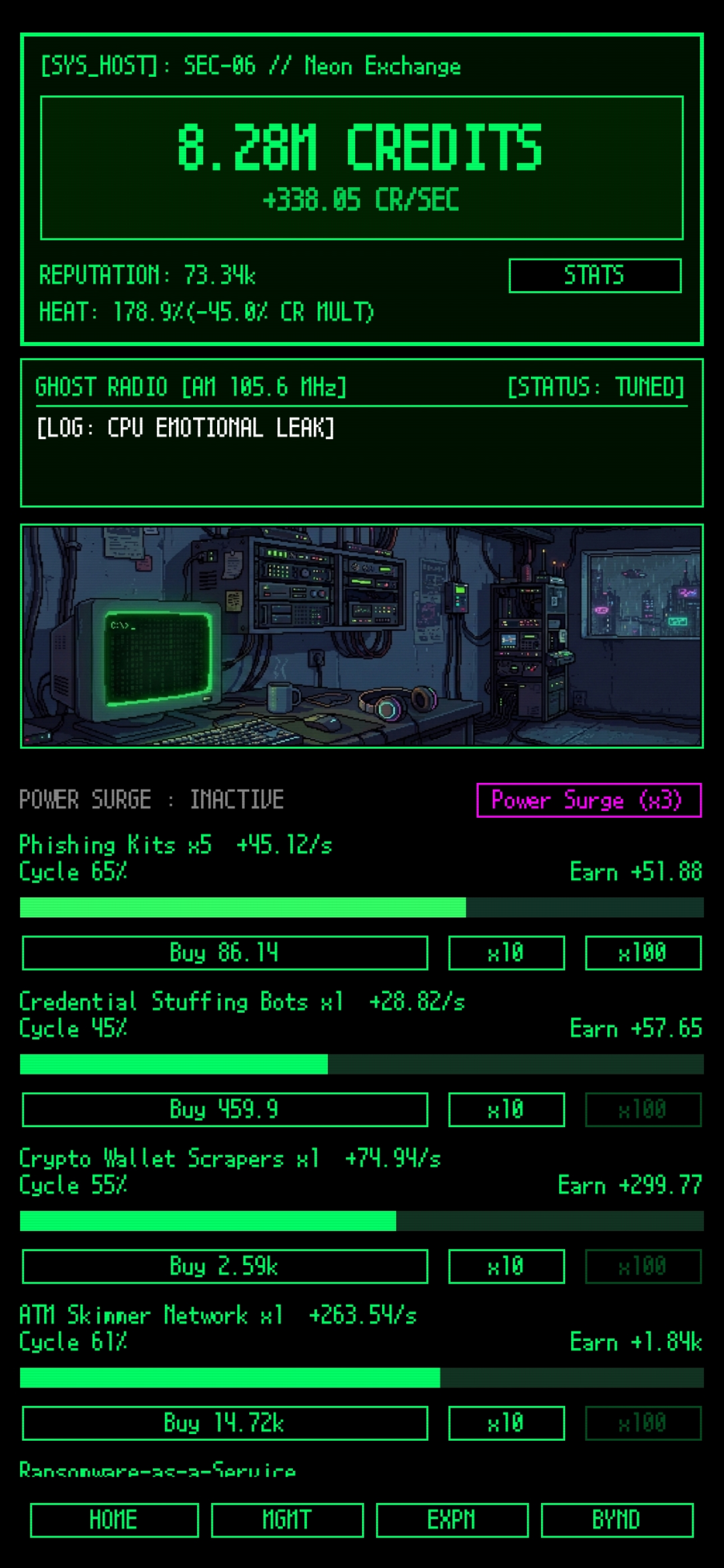 Ghost Terminal mobile idle game screen with credits, Heat, upgrades, and automation