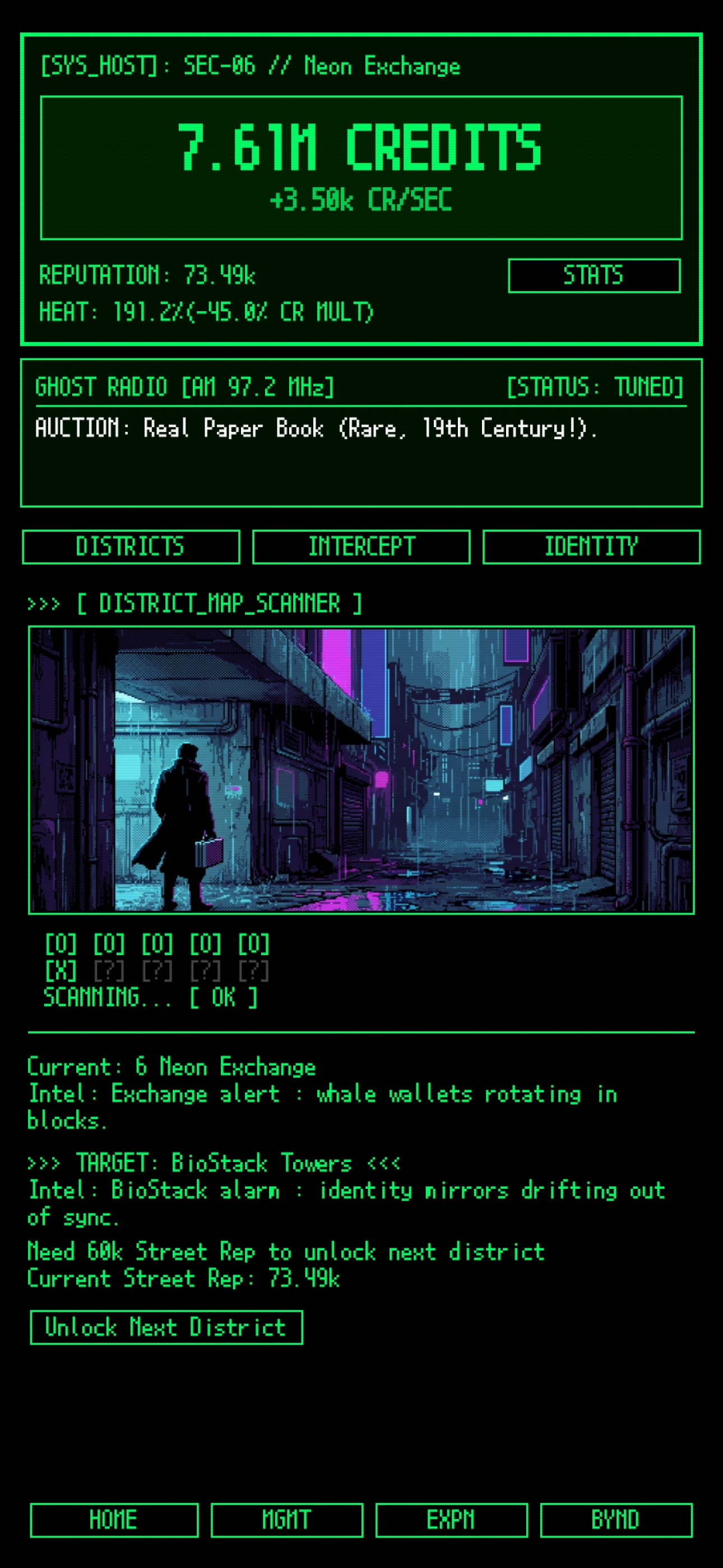 Ghost Terminal terminal-style cyberpunk game screen with district progression